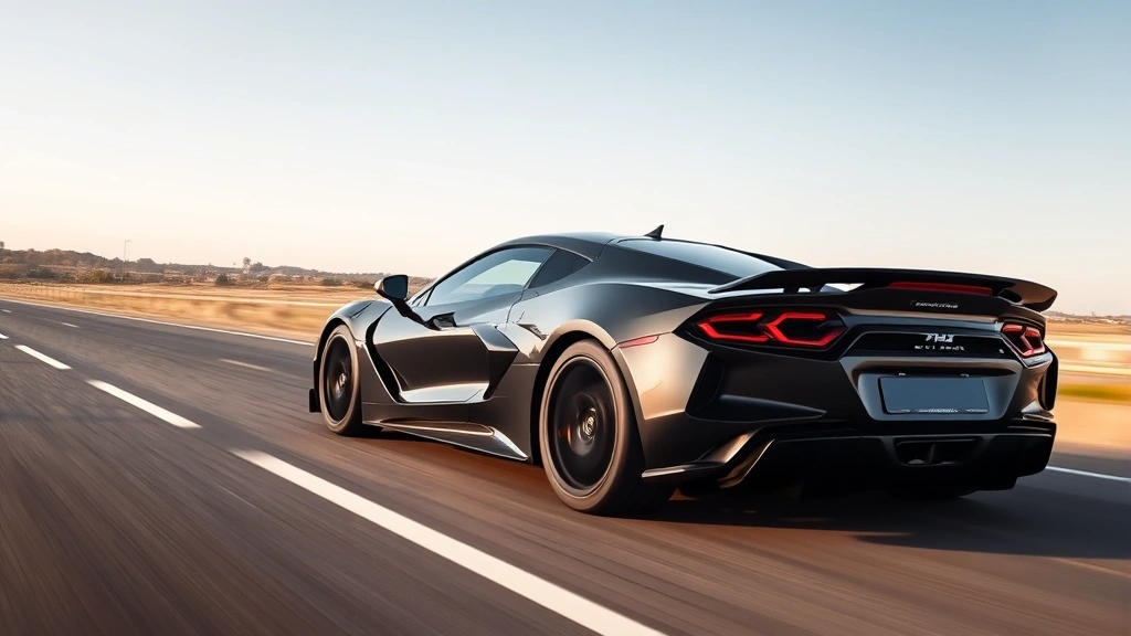 High-performance sports car captured mid-acceleration on empty road with motion blur background, showcasing athletic stance and aggressive aerodynamic design details