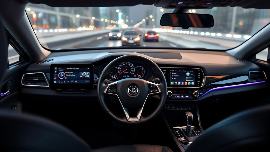 Midsize sedan interior dashboard showing modern infotainment touchscreen, leather steering wheel, and ambient lighting, high-quality interior detail shot