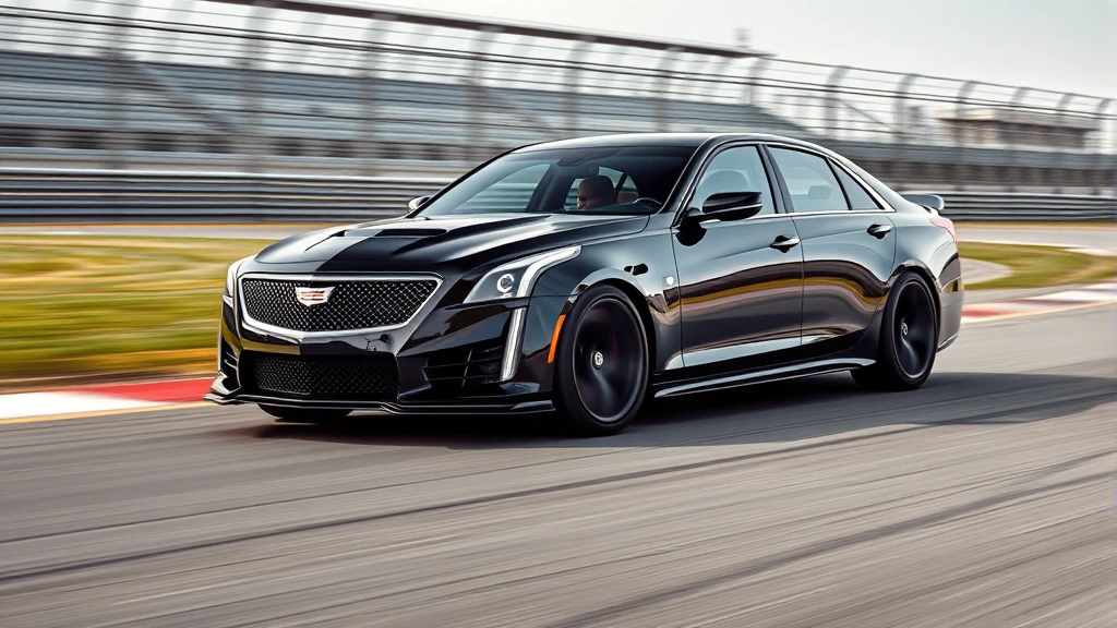 Black Cadillac CT5-V Blackwing high-performance sedan on dynamic racing circuit with motion blur, aggressive stance, professional automotive motorsport photography