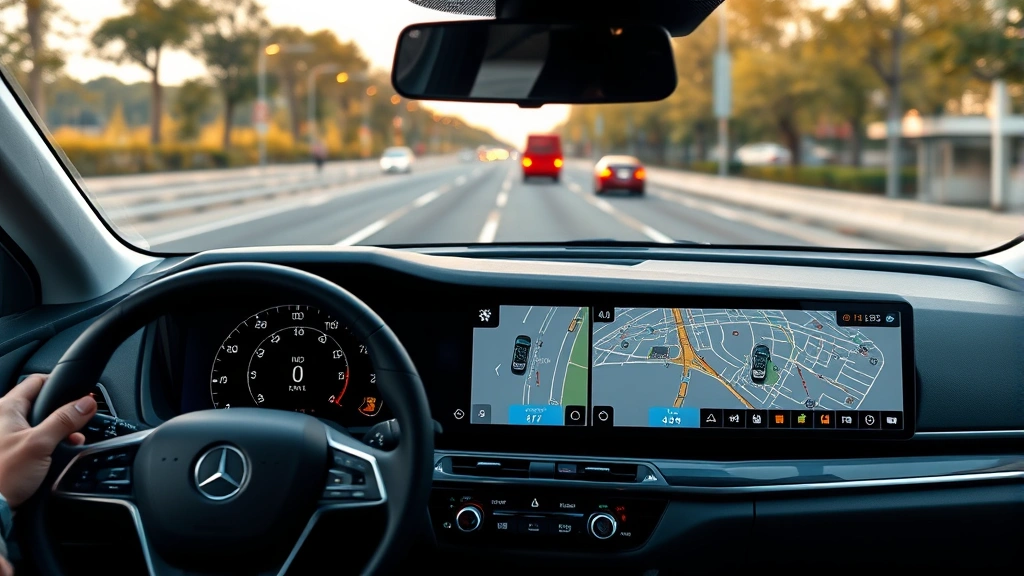 Modern vehicle dashboard showing advanced driver assistance system interface with multiple sensor indicators and real-time traffic monitoring display