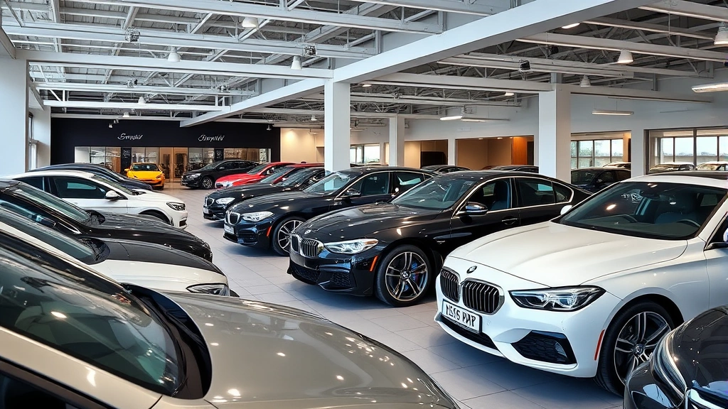 Multiple luxury and mainstream sedans parked in organized dealership showroom, clean modern lighting, various colors and models displayed, professional automotive photography