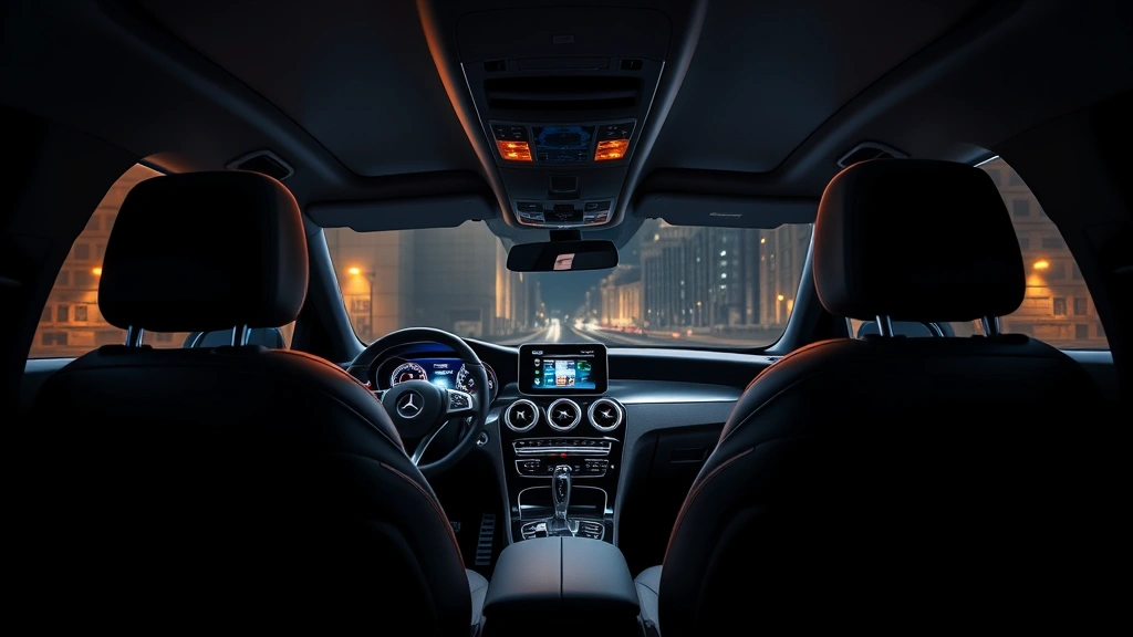 Luxury interior cabin of Mercedes-Benz C-Class showing ambient lighting, leather seating, and modern dashboard with touchscreen display, warm lighting ambiance