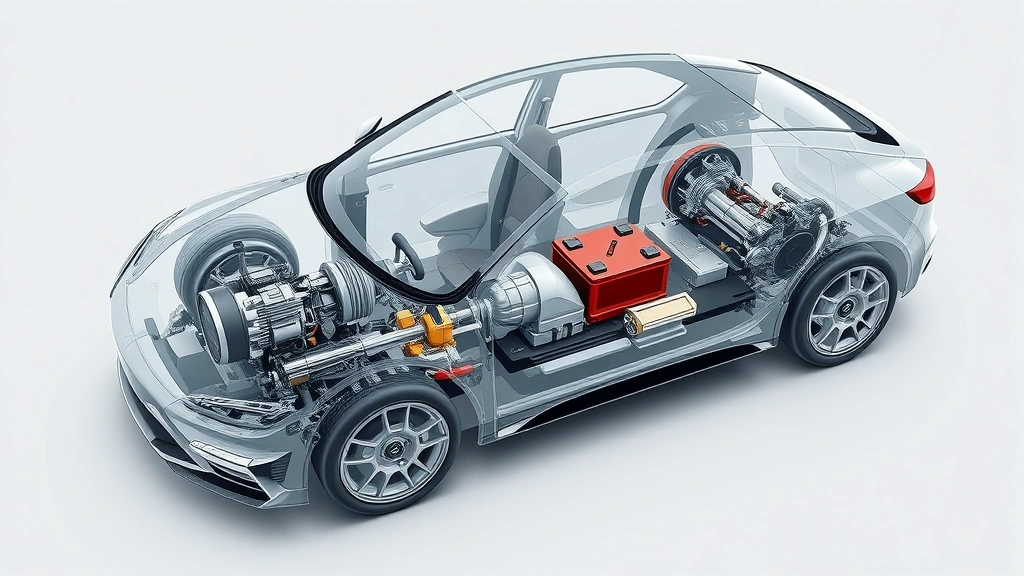 Cutaway technical illustration showing hybrid powertrain components: electric motor, gasoline engine, battery pack, and transmission systems in transparent car chassis, detailed mechanical components visible, professional technical rendering style