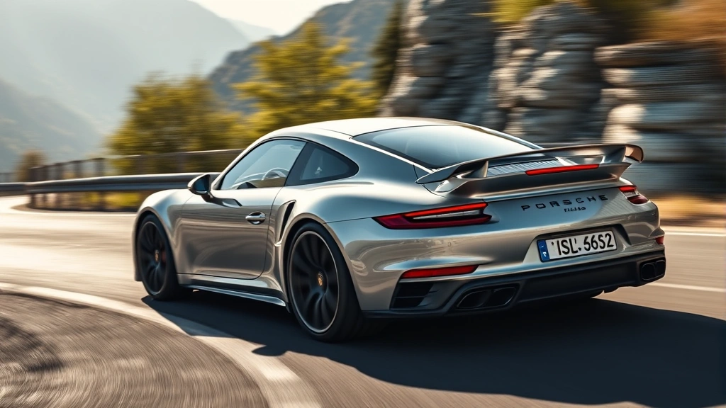 Silver Porsche 911 Turbo coupe cornering on mountain road with blurred background, dynamic motion, professional automotive photography, natural lighting