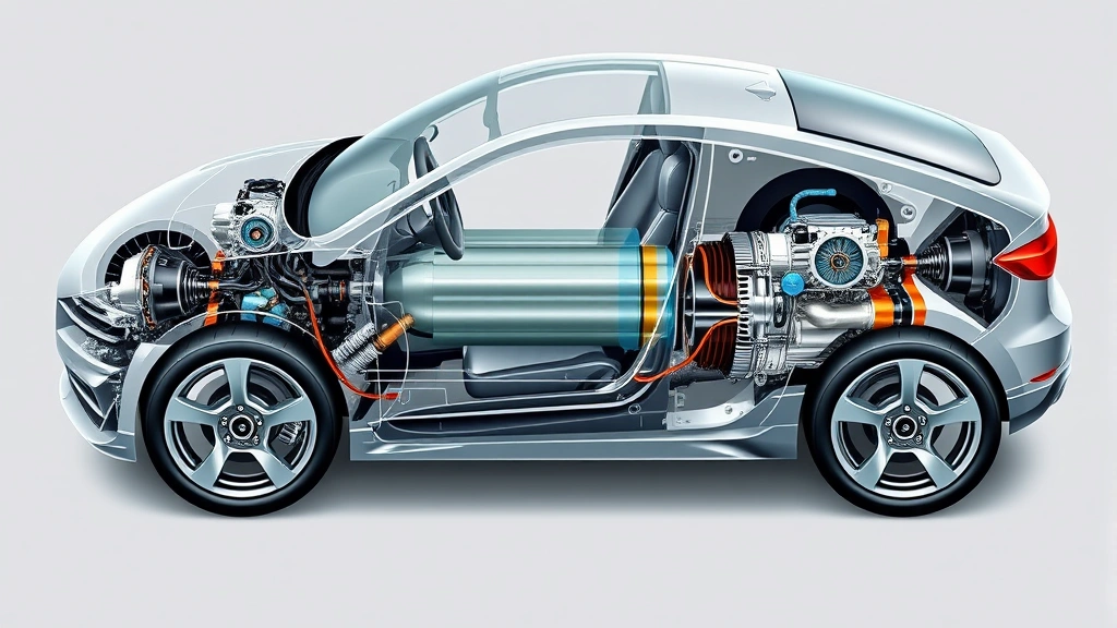 Hybrid powertrain cutaway illustration showing electric motor, battery pack, gasoline engine integration, technical automotive diagram style