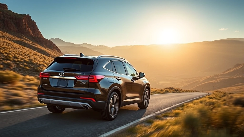 Three-row hybrid crossover SUV driving through mountain landscape with scenic valley views, demonstrating capability and spacious design, golden hour lighting