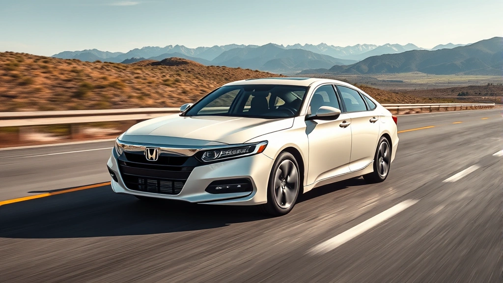 Honda Accord in pearl white driving smoothly on open highway with mountains in distance, front three-quarter angle, natural daylight, clean composition