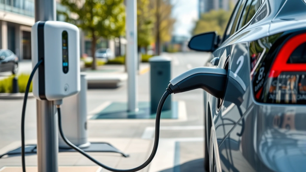 Modern electric vehicle charging at public station, showing charging cable connection and contemporary charging infrastructure, daytime outdoor setting with urban background