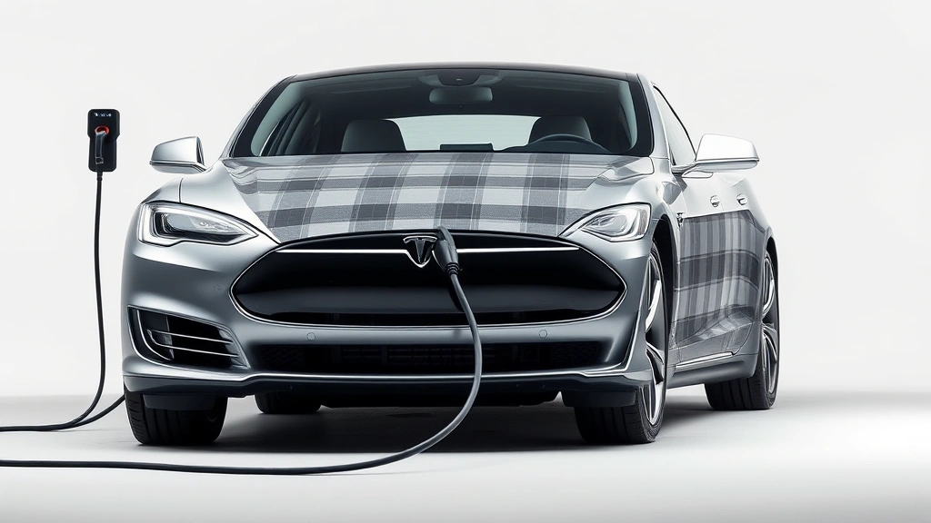 Tesla Model S Plaid electric vehicle in sleek silver, three-quarter front angle, charging cable inserted, modern tech-focused composition