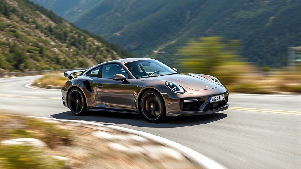 Porsche 911 Turbo accelerating on mountain road, dynamic motion with blurred background, showcasing performance capability