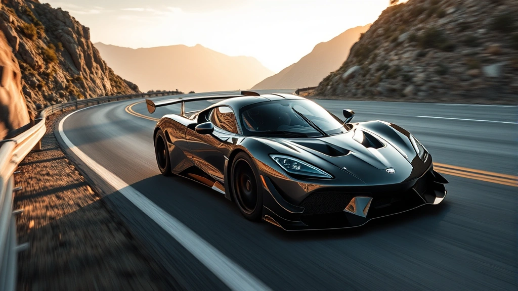 High-performance sports car on winding mountain road with dramatic curves, captured from elevated angle showing sleek aerodynamic profile and racing-inspired design elements