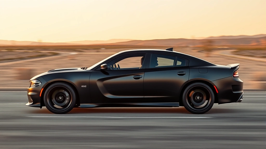 Side profile action shot of 2024 Dodge Charger Scat Pack muscle sedan in matte black, dynamic driving angle on open road with blurred background, showcasing muscular body lines and performance wheel design, golden hour lighting
