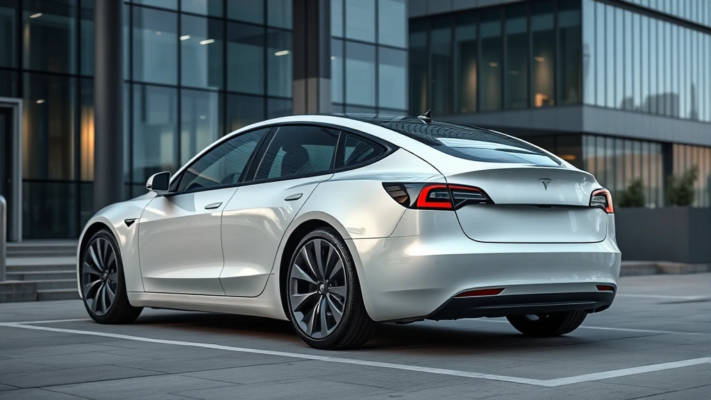 Modern Tesla Model 3 in pearl white multi-coat parked in contemporary urban setting with glass and steel architecture, clean minimalist composition, professional automotive lighting