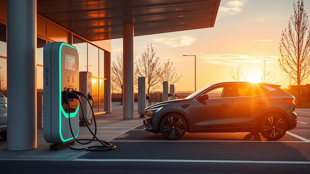 Electric vehicle charging at modern charging station during golden hour, showing futuristic design elements and clean energy technology in action