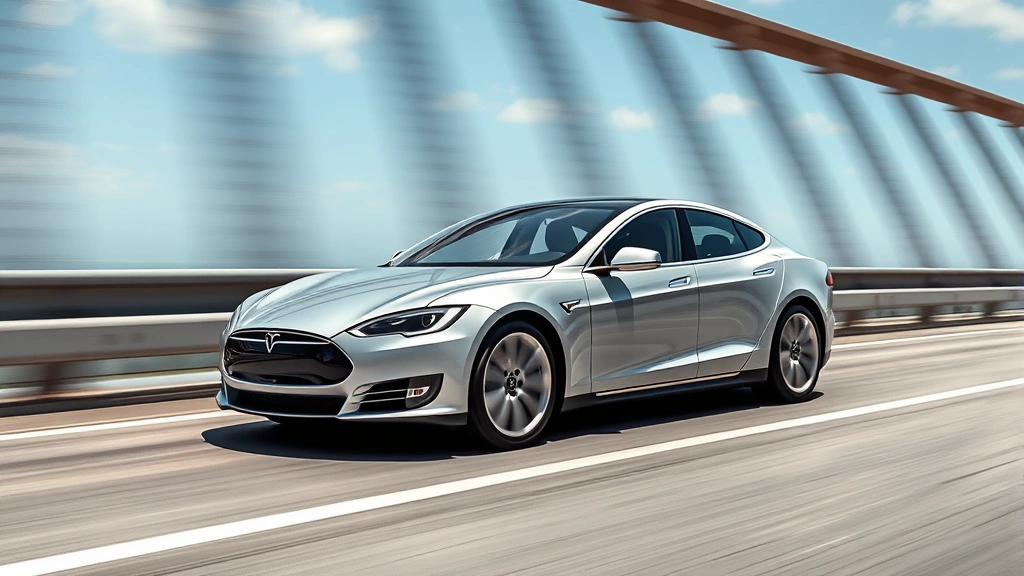 Tesla Model S Long Range sedan driving on modern highway with clear sky, sleek silver exterior, smooth aerodynamic design, contemporary automotive photography with natural lighting