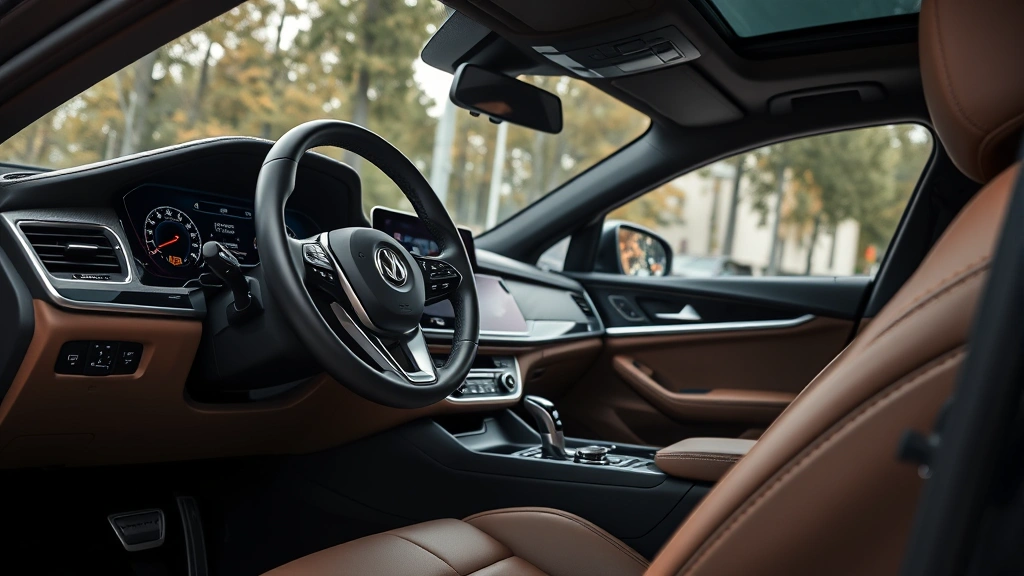 Interior cabin shot of premium sedan dashboard and steering wheel, showing modern infotainment display and leather appointments, professional automotive interior photography