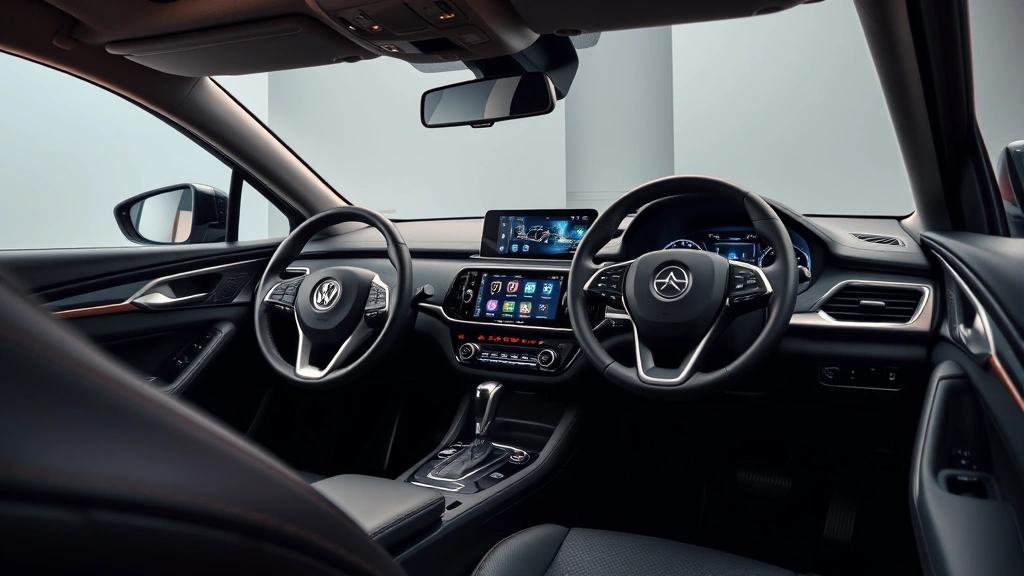Mid-range sedan interior dashboard with modern infotainment screen, leather steering wheel, ambient lighting, spacious cabin design, professional studio setting