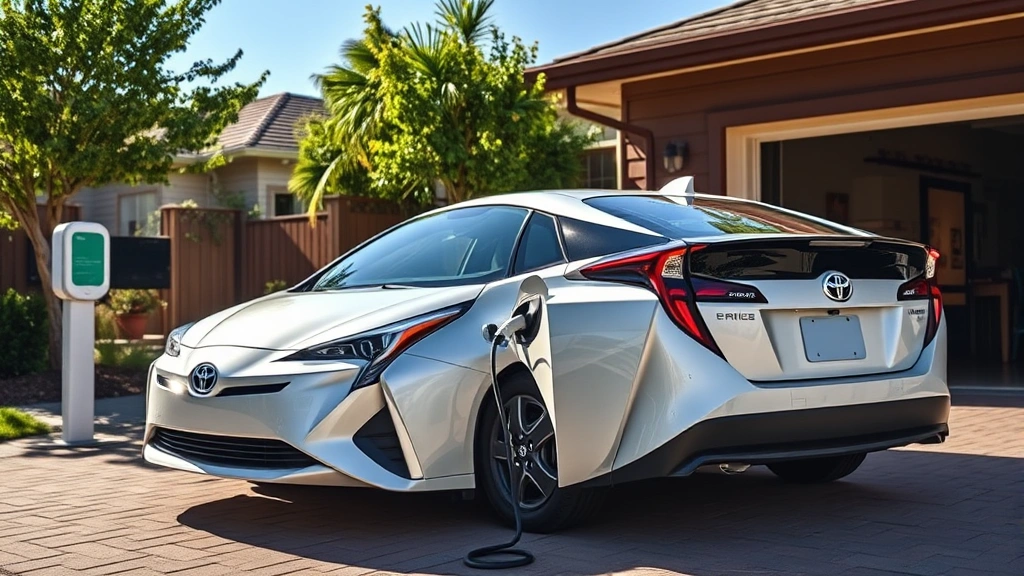 Toyota Prius Prime hybrid sedan parked in suburban driveway with electric charging cable connected, showing modern eco-conscious vehicle lifestyle, daylight