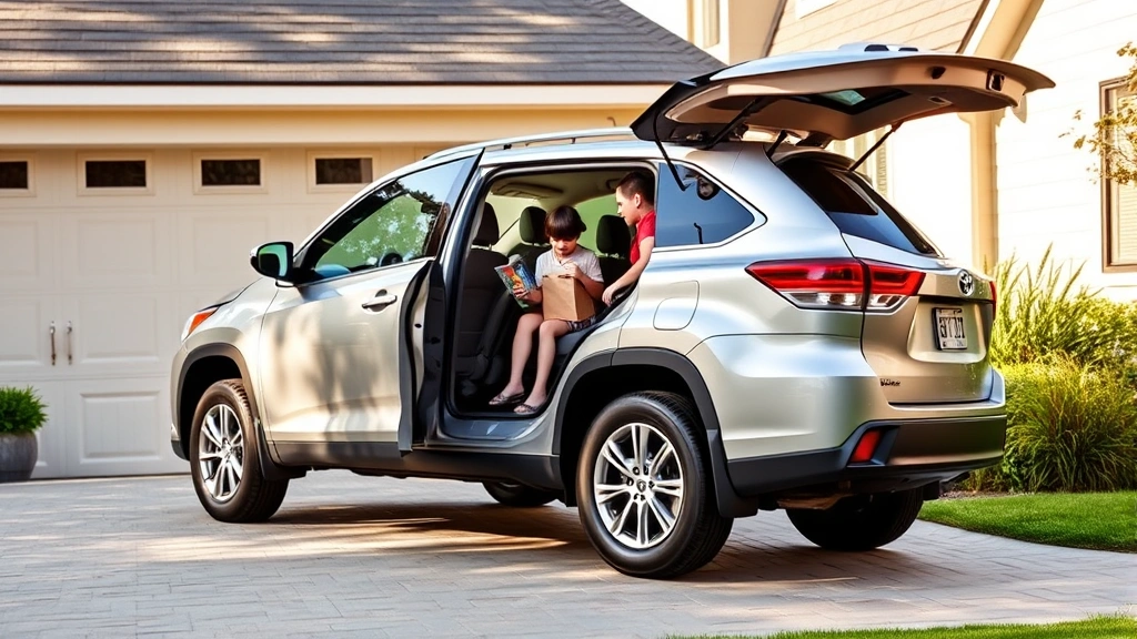 Toyota Grand Highlander silver SUV parked in suburban driveway with family loading cargo, natural daylight, three-row seating visible through windows
