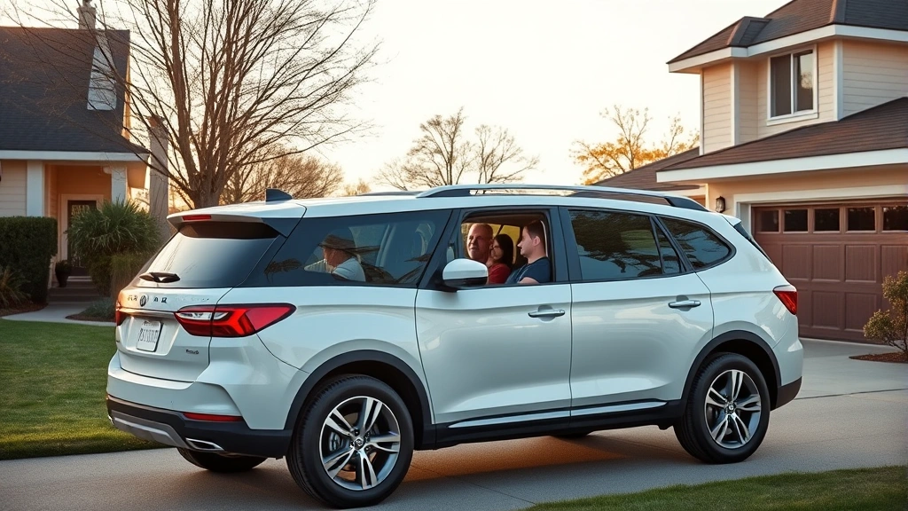 Three-row family crossover vehicle in suburban driveway, white finish, spacious interior visible, multiple passengers, morning light, lifestyle imagery