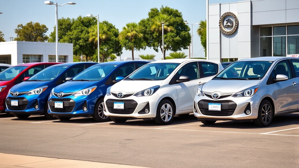 Diverse selection of five compact cars lined up side-by-side in dealership lot, bright sunny day, various colors including red blue white silver, representing different budget car options