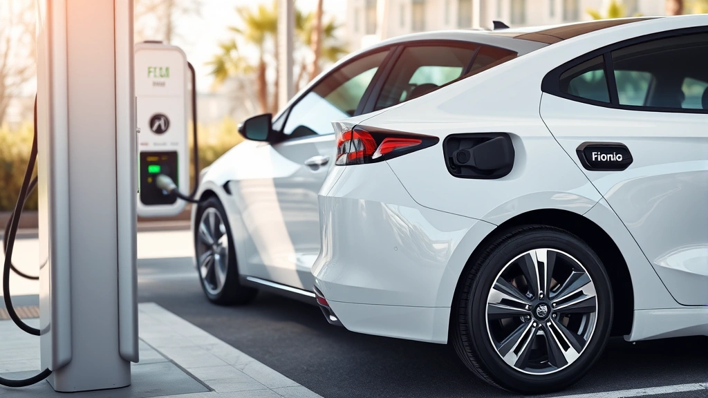 Hyundai Ioniq 6 sedan in pearl white charging at public DC fast-charging station, connector visible, modern charging station design, daylight photography emphasizing efficiency-focused vehicle design