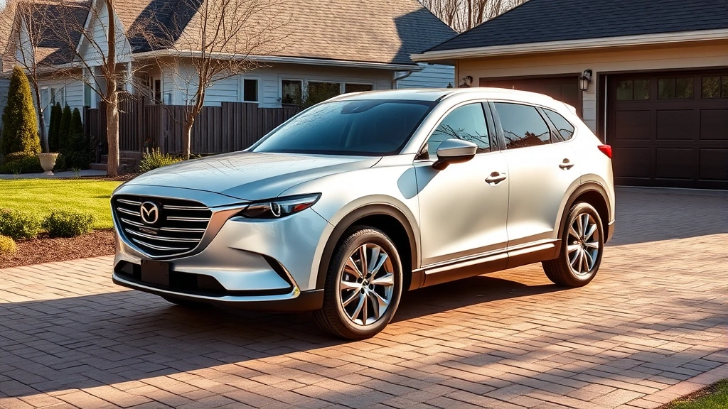 Mazda CX-90 PHEV three-row SUV parked in suburban driveway, natural lighting, premium exterior finish, family-oriented vehicle aesthetic
