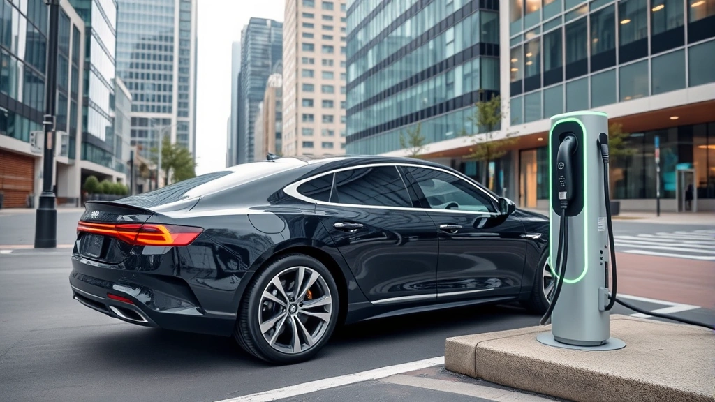 Electric vehicle charging station with luxury sedan connected, modern urban setting with contemporary buildings and clean infrastructure
