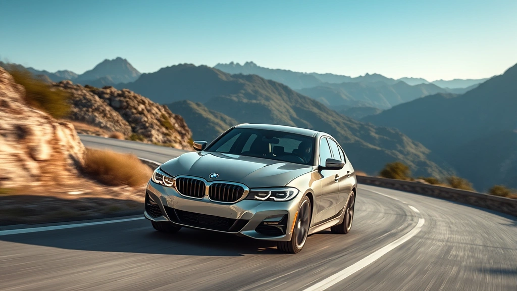 BMW 3 Series luxury sedan in motion on winding mountain road, premium quality photography, natural lighting, sharp focus on vehicle dynamics, elegant design emphasis