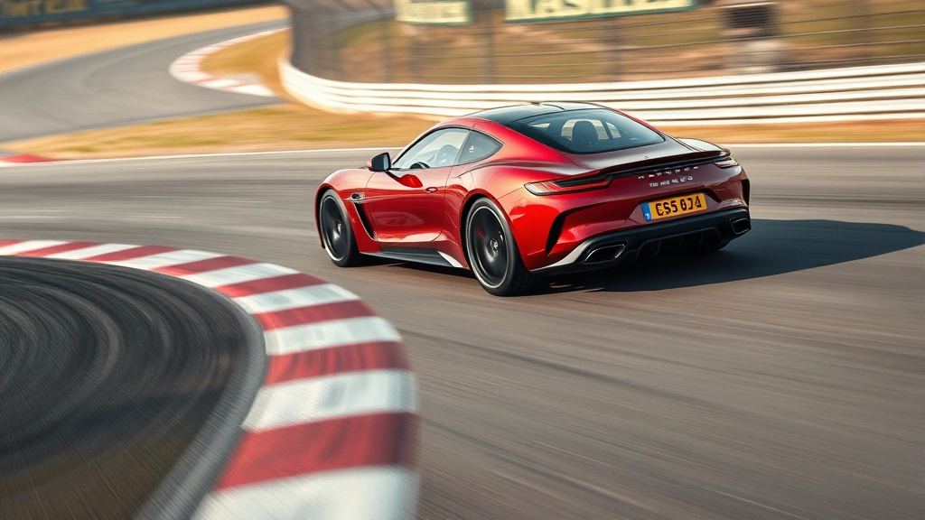 Luxury performance vehicle cornering at high speed on track, professional racing environment, dynamic motion blur, pristine condition