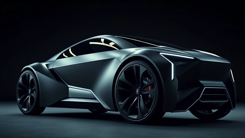 Cutting-edge electric vehicle with futuristic design elements, matte black finish, dramatic low-angle perspective highlighting aggressive stance and modern wheels