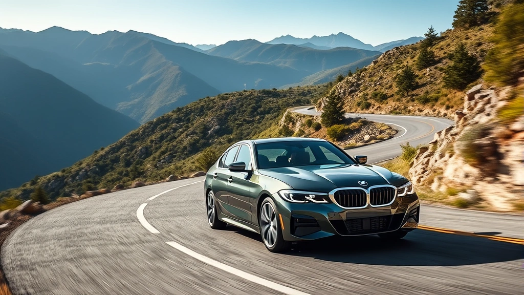 2024 BMW 3 Series luxury sedan on winding mountain road, dynamic driving angle, premium styling, natural landscape background, professional lighting