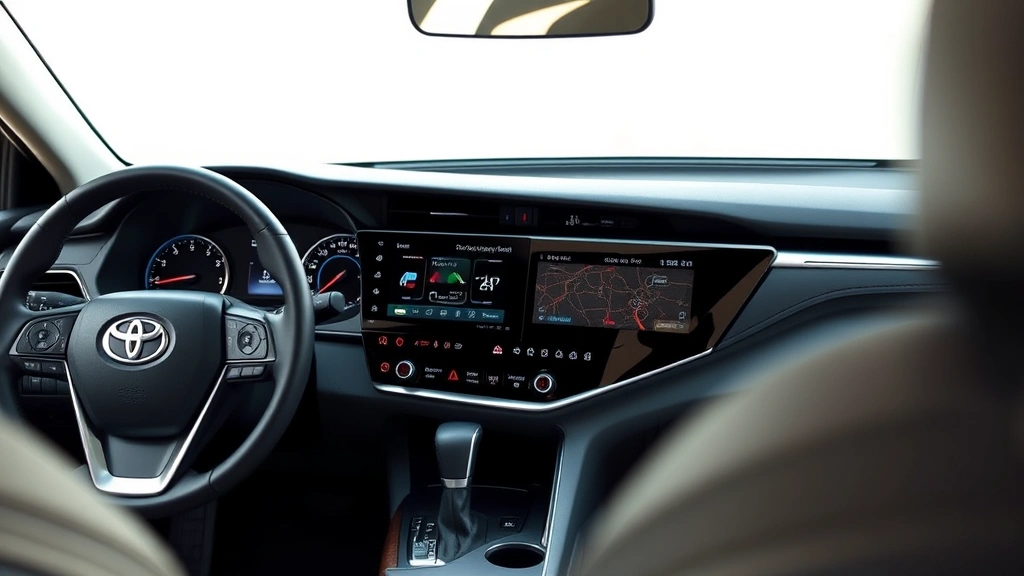 Toyota Camry hybrid interior dashboard with modern touchscreen display and premium steering wheel, soft cabin lighting, close-up detail shot