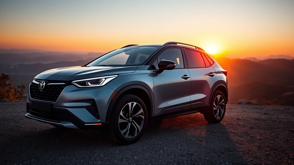 Compact SUV parked on scenic mountain overlook at golden hour, showcasing aerodynamic profile and modern LED headlight design with natural landscape backdrop