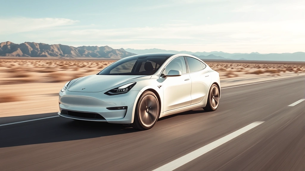 Tesla Model Y white electric vehicle accelerating on empty desert highway with mountains visible in distant background, dramatic motion blur effect capturing performance essence and sleek futuristic design proportions