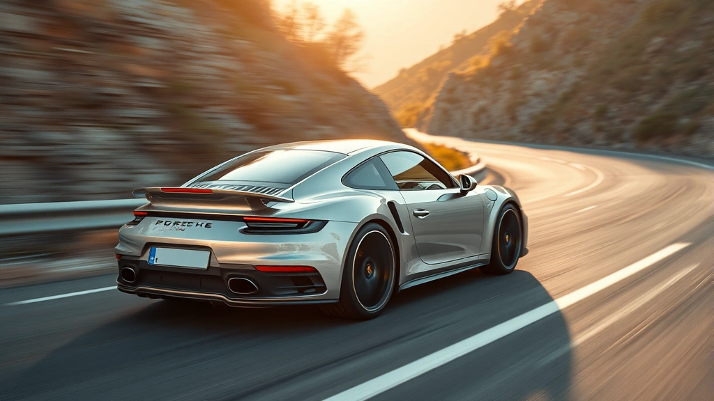 Porsche 911 Turbo S sports car in silver, dynamic motion shot on winding mountain road, early morning sunlight, blurred background emphasizing speed