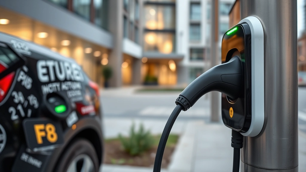 Modern electric vehicle charging at public station, showing cable connection and LED charging indicator lights, contemporary urban setting with modern architecture visible