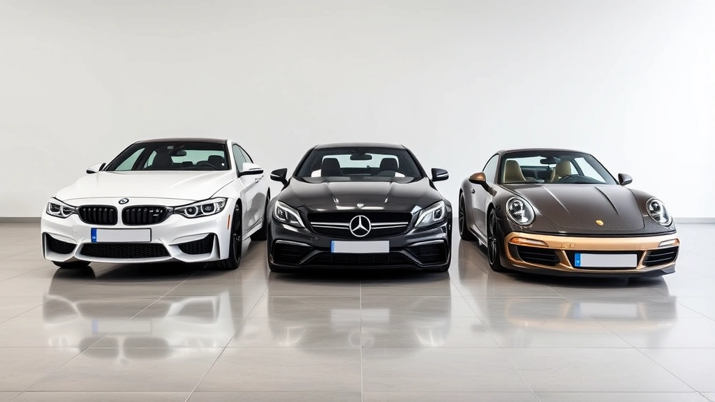 Luxury performance coupe lineup comparison showing BMW M440i, Mercedes-AMG C63, and Porsche 911 Carrera side-by-side on modern showroom floor, highlighting design differences and proportions, studio lighting with neutral background