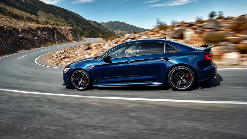 Sporty dark blue high-performance sedan captured mid-drive on winding mountain road, dynamic angle showing aggressive stance and wheel design, professional motorsport photography