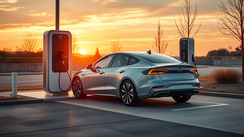 Modern electric vehicle charging station with sleek sedan plugged in during sunset, showcasing modern EV infrastructure and contemporary automotive design elements
