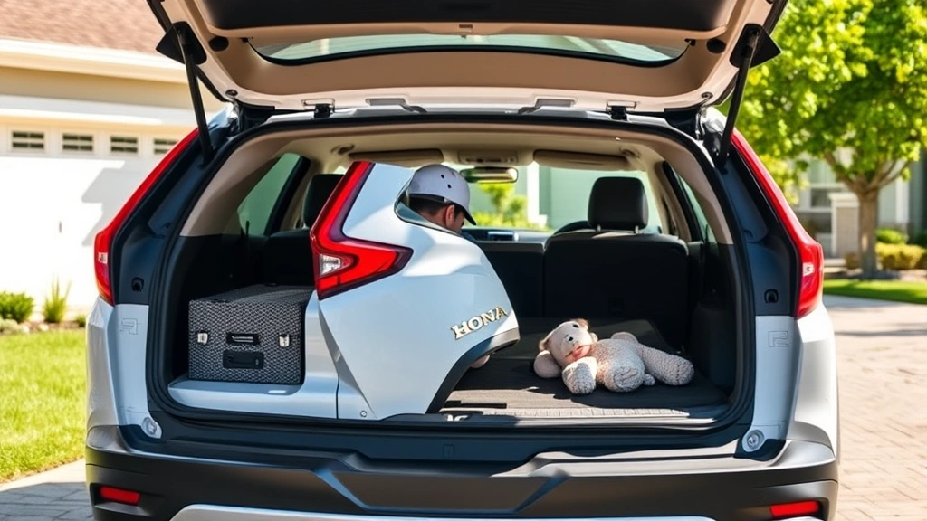 Honda CR-V Hybrid in white parked in suburban driveway with open cargo area visible, family-friendly setting, clear daylight, modern residential background