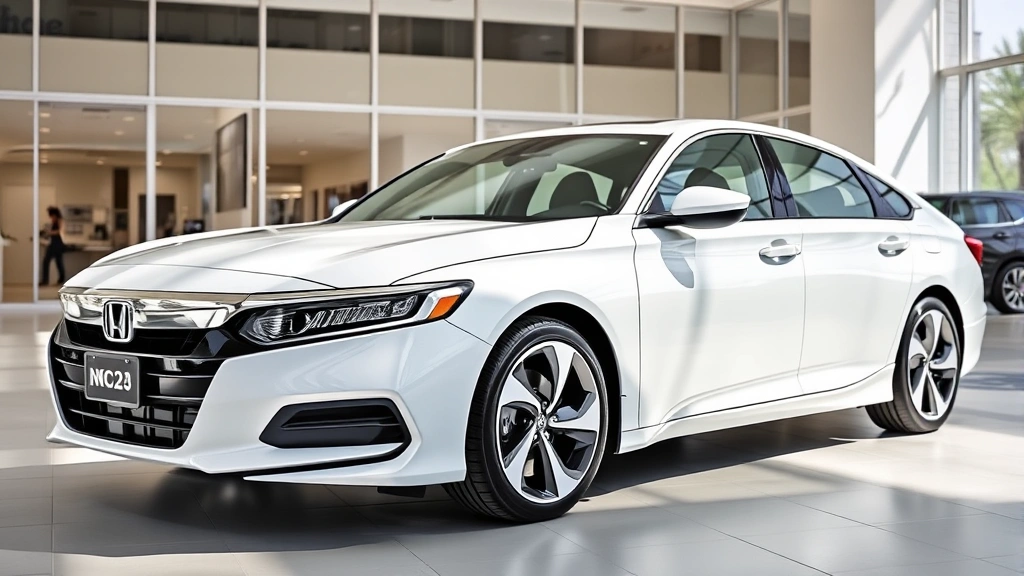 Honda Accord 2024 model in pearl white, side profile view, sleek aerodynamic design, contemporary sedan styling, professional dealership photography, bright natural lighting highlighting body lines