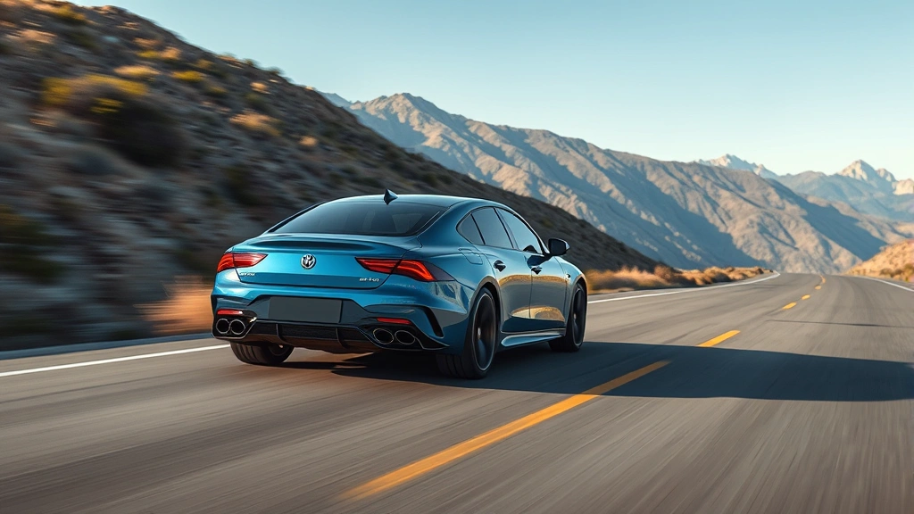 High-performance luxury sedan accelerating on empty mountain road with blurred scenery, demonstrating dynamic handling and sportiness with clear sky