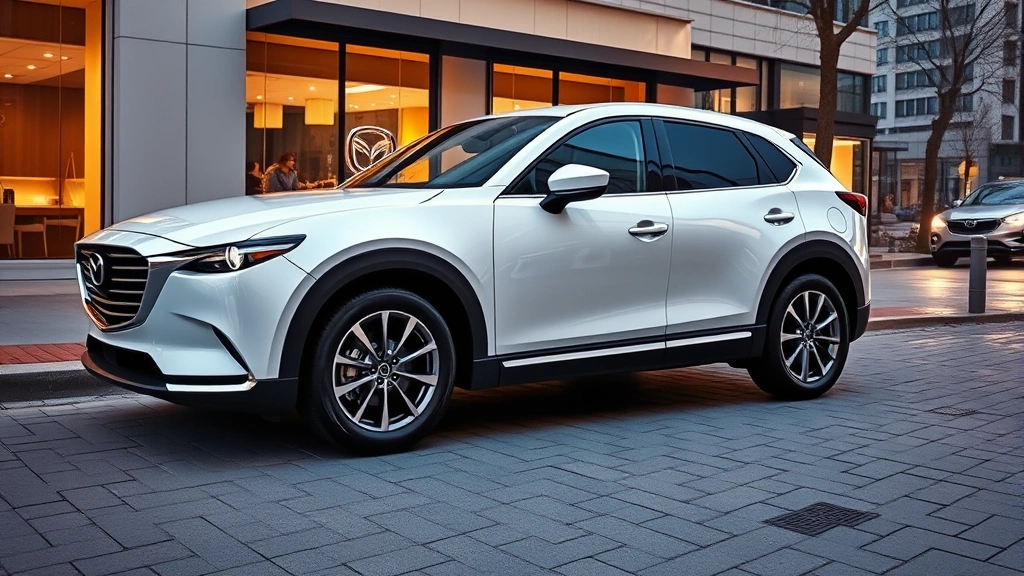 Mazda CX-90 compact crossover in refined pearl white color parked at upscale shopping district, showing refined exterior styling with turbocharged engine design cues, luxury ambient lighting visible through windows, professional automotive photography