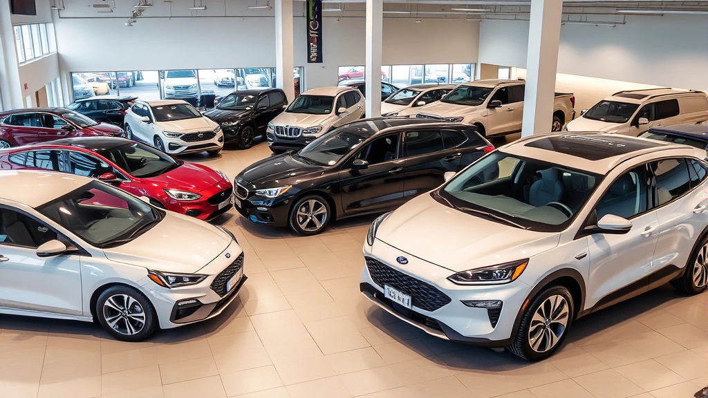 Diverse selection of vehicles parked in organized display including sedan, SUV, truck, and electric vehicle, modern dealership setting, professional lighting, clean presentation