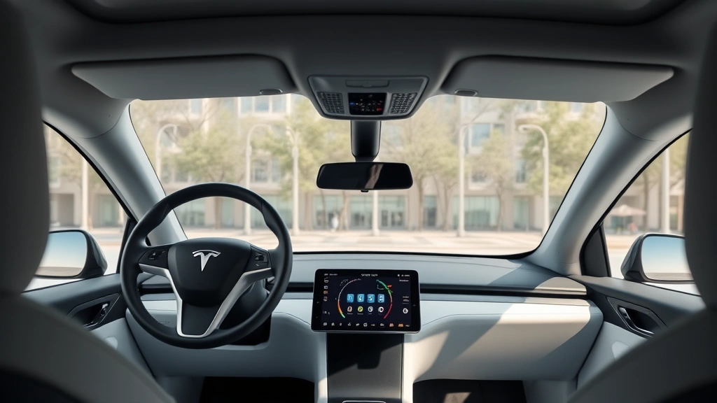 Electric vehicle dashboard interior view showing minimalist touchscreen display, steering wheel, and clean cabin design, modern automotive photography