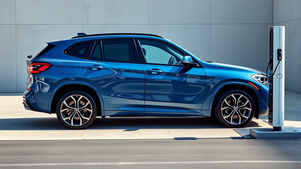 Modern BMW iX M60 electric SUV in metallic blue, side profile showcasing aerodynamic design and 21-inch wheels, contemporary charging station visible, bright daylight