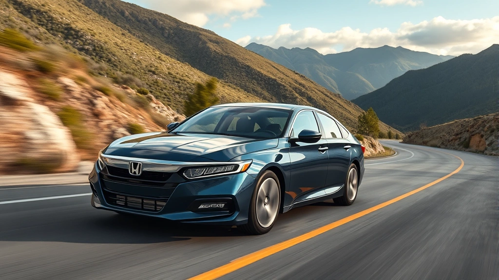 Honda Accord Hybrid dark blue metallic color driving on winding mountain road with scenic landscape, dynamic motion captured, natural lighting, professional automotive publication quality