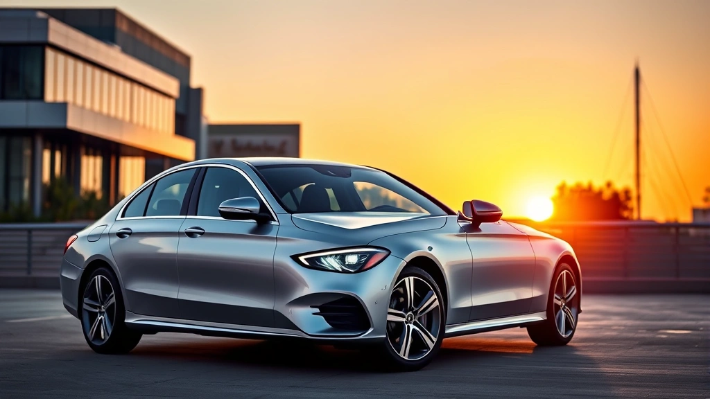 2024 Mercedes-Benz C-Class sedan, metallic silver finish, photographed at sunset in an urban setting with modern architecture background, showcasing the refined design and LED headlights