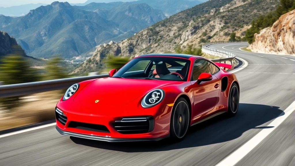 Red Porsche 911 Turbo sports car captured mid-action on a winding mountain road with blurred scenery, showcasing dynamic performance and aerodynamic design